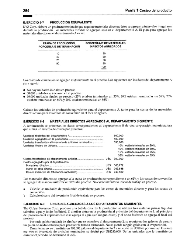 254 Parte 1 Costeo del producto
EJERCICIO 6-7 PRODUCCIÓN EQUIVALENTE
KYZ Corp. elabora un producto terminado que requiere materiales directos; éstos se agregan a intervalos irregulares
durante la producción. Los materiales directos se agregan sólo en el departamento A. El plan para agregar los
materiales directos en el departamento A es así:
ETAPA DE PRODUCCIÓN,
PORCENTAJE DE TERMINACIÓN
10
40
75
90
PORCENTAJE DE MATERIALES
DIRECTOS AGREGADOS
20
30
30
20
100
Los costos de conversión se agregan uniformemente en el proceso. Los siguientes son los datos del departamento A
para agosto:
• No hay unidades iniciales en proceso
• 50,000 unidades se iniciaron en el proceso
• 10,000 unidades finales en proceso (25% estaban terminadas un 35%, 30% estaban terminadas un 55%, 25%
estaban terminadas un 80% y 20% estaban terminadas un 95%)
Calcule las unidades de producción equivalente para el departamento A, tanto para los costos de los materiales
directos como para los costos de conversión en el mes de agosto.
EJERCICIO 6-8 MATERIALES DIRECTOS AGREGADOS AL DEPARTAMENTO SIGUIENTE
A continuación se presentan los datos correspondientes al departamento B de una corporación manufacturera
que utiliza un sistema de costeo por procesos:
Unidades recibidas del departamento A............................................. 500,000
Unidades agregadas en la producción................................................. 100,000
Unidades transferidas al inventario de artículos terminados.......... 530,000
Unidades finales en proceso.................................................................. 10% están terminadas un 30%,
40% están terminadas un 60%,
15% están terminadas un 75%,
35% están terminadas un 85%
Costos transferidos del departamento anterior................................. US$ 300,000
Costos agregados por el departamento:
Materiales directos............................................................................... US$ 560,272
Mano de obra directa.......................................................................... US$ 363,888
Costos indirectos de fabricación (aplicados).................................. US$ 242,592
Los materiales directos se agregan a la etapa de producción correspondiente a un 62% y los costos de conversión
se agregan de manera uniforme a través del proceso. No existe inventario inicial de trabajo en proceso.
a Calcule las unidades de producción equivalente para los costos de materiales directos y para los costos de
conversión.
b Calcule el costo del inventario final de trabajo en proceso.
EJERCICIO 6-9 UNIDADES AGREGADAS A LOS DEPARTAMENTOS SIGUIENTES
The Gulpy Beverage Corp. produce una bebida cola. En la producción se utilizan tres materias primas líquidas
(almíbar, agua y ácido fosfórico). El almíbar entra en la producción al principio del departamento 1. Al principio
del proceso en el departamento 2 se agrega el agua (sin ningún costo), y el ácido fosfórico se agrega al final del
proceso.
Por cada galón (unidad) de almíbar que se transfiere al departamento 2, se requieren dos galones de agua y
un galón de ácido fosfórico para producir la bebida terminada. No se pierde ningún galón con la evaporación.
Durante mayo, se transfirieron 100,000 galones al departamento 2 a un costo de US$0.45 por unidad. Durante
ese mes el inventario de artículos terminados se debitó por US$240,000. De las unidades que le transfirieron
durante el periodo, se determinó el 75%.
 