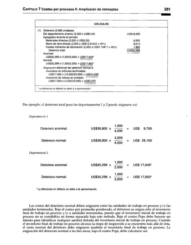 Capítulo 7 Costeo por procesos II: Ampliación de conceptos 281
CÁLCULOS
(1) Deterioro {2,000 unidades)
Del departamento anterior (2,000 x US$9.00) US$18,000
Agregados durante el periodo:
Materiales directos (2,000 x US$3.00) 6,000
Mano de obra directa (2,000 x US$12.01622 x 40%) 9,613
Costos indirectos de fabricación (2,000 x US$2.10811 x 40%) 1,686
Deterioro total US$35,299
Anormal:
US$35,299 x (1,000/2,000) = US$17,649*
Normal:
US$35,299 x (1,000/2,000) = US$17,650*
Asignación adicional del deterioro normal a:
Inventario de artículos terminados:
US$17,650 x (19,000/23,000) = US$14,580
Inventario de trabajo en proceso:
US$17,650 x (4,000/23,000) = US$3,070
* La diferencia en dólares se debe a la aproximación.
Por ejemplo, el deterioro total para los departamentos 1 y 2 puede asignarse así:
Departamento 1
1,000
Deterioro anormal: US$38,800 x —
- — = US$ 9,700
4.000
3.000
Deterioro normal: US$38,800 x = US$ 29,100
4.000
Departamento 2
1.000
Deterioro anormal: US$35,299 x g qoo = US$17,649*
1,000
Deterioro normal: US$35,299 x ——— = US$17,650*
2,000
* La diferencia en dólares se debe a la aproximación.
Los costos del deterioro normal deben asignarse entre las unidades de trabajo en proceso y /o las
unidades terminadas. Bajo el costeo por promedio ponderado, el deterioro se asigna sólo al inventario
final de trabajo en proceso y /o a unidades terminadas, puesto que el inventario inicial de trabajo en
proceso no se contabiliza en forma separada bajo este método. Bajo el costeo Peps debe hacerse un
intento para identificar cualquier unidad dañada del inventario inicial de trabajo en proceso. Cuando
el inventario final de trabajo en proceso alcanza la etapa de inspección o se encuentra más allá de ésta,
el costo normal del deterioro debe asignarse también al inventario final de trabajo en proceso. La
asignación del deterioro normal a las tres áreas, bajo el costeo Peps, debe calcularse así:
 