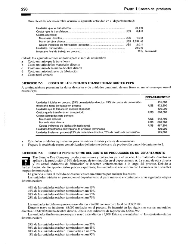 298 Parte 1 Costeo del producto
Durante el mes de noviembre ocurrió la siguiente actividad en el departamento 2:
Unidades que le transfirieron..................................................................................... 30,100
Costos que le transfirieron US$ 8,403
Costos ocurridos:
Materiales directos..................................................................................................... US$ 1,603
Mano de obra directa.............................................................................................. US$ 7,994.00
Costos indirectos de fabricación (aplicados).................................................... US$ 2,001
Unidades transferidas 29,0' 10
Inventario final de trabajo en proceso...................................................................... 7E% terminado
Calcule los siguientes costos unitarios para el mes de noviembre:
a Costo unitario que le transfieren
b Costo unitario de los materiales directos
c Costo unitario de la mano de obra directa
d Costo unitario indirecto de fabricación
e Costo total unitario
EJERCICIO 7-5 COSTO DE LAÍS UNIDADES TRANSFERIDAS: COSTEO PEPS
A continuación se presentan los datos de costos y de unidades para junio de una firma m; nufacturera que usa el
costeo Peps.
DEPARTAMENTO 2
Unidades iniciales en proceso (55% de materiales directos, 15% de costos de conversión) 135,000
Inventario inicial de trabajo en proceso US$ 472,500
Unidades que le transfieren durante el periodo 420,000
Costos que le transfieren en este periodo US$ 588,000
Costos agregados este periodo:
Materiales directos US$ 812,700
Mano de obra directa US$ 676,260
Costos indirectos de fabricación (aplicados) US$ 487,305
Unidades transferidas al inventario de artículos terminados 430,000
Unidades finales en proceso (25% de materiales directos, 70% de costos de conversión) 125,000
a Calcule las unidades equivalentes para materiales directos y costos de conversión.
b Prepare la sección de costos contabilizados del informe del costo de producción para e1departamento 2.
EJERCICIO 7-6 COSTEO PEPS: INFORME DEL COSTO DE PRODUCCIÓN EN UN DEPARTAMENTO
0
The Blondie Dye Company produce enjuagues y colorantes para el cabello. Los materiales directos se
aplican a la producción al 50% de la etapa de terminación en el departamento A. La mano de obra directa
y los costos indirectos de fabricación se incurren uniformemente a lo largo del proceso. Debido a
la distribución del tiempo de ciertos procesos químicos, las unidades se encuentran con f ecuencia en diferentes
etapas de terminación.
La gerencia utiliza el método de costeo Peps en un esfuerzo por analizar los costos.
Las unidades iniciales en proceso en el departamento A para mayo se encontraban cn las siguientes etapas
de terminación:
40% de las unidades estaban terminadas en un 10%
15% de las unidades estaban terminadas en un 40%
20% de las unidades estaban terminadas en un 55%
25% de las unidades estaban terminadas en un 70%
Las unidades iniciales en proceso ascendieron a 26,000 con un costo total de US$37,700.
Durante mayo se iniciaron 68,000 unidades en el proceso. Se incurrió en los siguie ntes costos:materiales
directos, US$47,092; mano de obra directa, US$34,658; indirectos de fabricación, US$51,987.
Las unidades finales en proceso para mayo ascendieron a 6,000. Éstas se encontraban <in las siguientes etapas
de terminación:
35% de las unidades estaban terminadas en un 25%
50% de las unidades estaban terminadas en un 45%
10% de las unidades estaban terminadas en un 75%
5% de las unidades estaban terminadas en un 95%
 