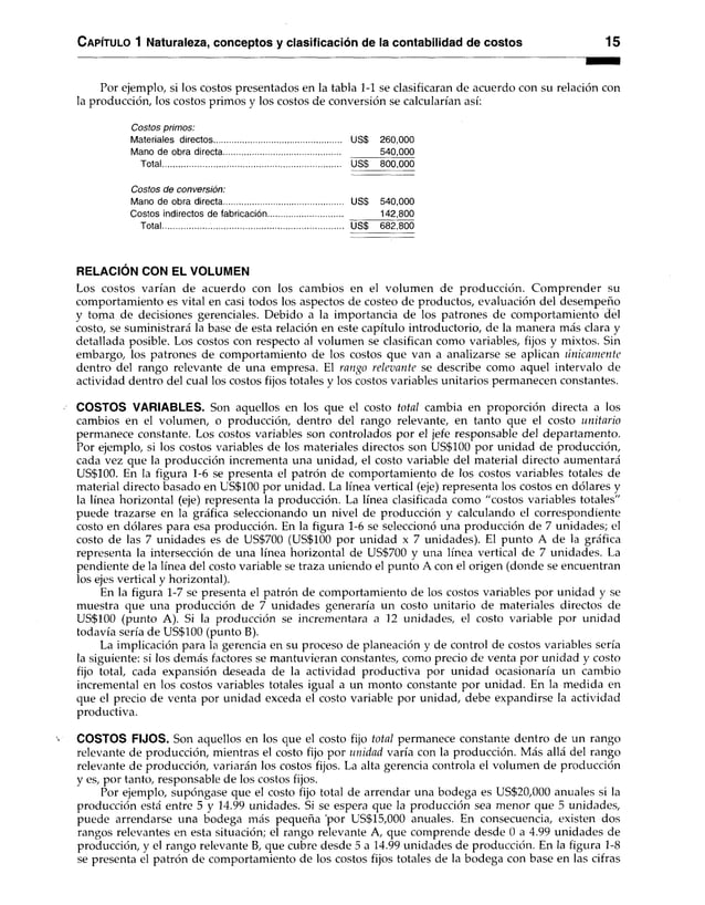 Capítulo 1 Naturaleza, conceptos y clasificación de la contabilidad de costos 15
Por ejemplo, si los costos presentados en la tabla 1-1 se clasificaran de acuerdo con su relación con
la producción, los costos primos y los costos de conversión se calcularían así:
Costos primos:
Materiales directos....
Mano de obra directa
Total..........................
Costos de conversión:
Mano de obra directa...................
Costos indirectos de fabricación
Total............................................
RELACIÓN CON EL VOLUMEN
Los costos varían de acuerdo con los cambios en el volumen de producción. Comprender su
comportamiento es vital en casi todos los aspectos de costeo de productos, evaluación del desempeño
y toma de decisiones gerenciales. Debido a la importancia de los patrones de comportamiento del
costo, se suministrará la base de esta relación en este capítulo introductorio, de la manera más clara y
detallada posible. Los costos con respecto al volumen se clasifican como variables, fijos y mixtos. Sin
embargo, los patrones de comportamiento de los costos que van a analizarse se aplican únicamente
dentro del rango relevante de una empresa. El rango relevante se describe como aquel intervalo de
actividad dentro del cual los costos fijos totales y los costos variables unitarios permanecen constantes.
COSTOS VARIABLES. Son aquellos en los que el costo total cambia en proporción directa a los
cambios en el volumen, o producción, dentro del rango relevante, en tanto que el costo unitario
permanece constante. Los costos variables son controlados por el jefe responsable del departamento.
Por ejemplo, si los costos variables de los materiales directos son US$100 por unidad de producción,
cada vez que la producción incrementa una unidad, el costo variable del material directo aumentará
US$100. En la figura 1-6 se presenta el patrón de comportamiento de los costos variables totales de
material directo basado en US$100 por unidad. La línea vertical (eje) representa los costos en dólares y
la línea horizontal (eje) representa la producción. La línea clasificada como “costos variables totales"
puede trazarse en la gráfica seleccionando un nivel de producción y calculando el correspondiente
costo en dólares para esa producción. En la figura 1-6 se seleccionó una producción de 7 unidades; el
costo de las 7 unidades es de US$700 (US$100 por unidad x 7 unidades). El punto A de la gráfica
representa la intersección de una línea horizontal de US$700 y una línea vertical de 7 unidades. La
pendiente de la línea del costo variable se traza uniendo el punto A con el origen (donde se encuentran
los ejes vertical y horizontal).
En la figura 1-7 se presenta el patrón de comportamiento de los costos variables por unidad y se
muestra que una producción de 7 unidades generaría un costo unitario de materiales directos de
US$100 (punto A). Si la producción se incrementara a 12 unidades, el costo variable por unidad
todavía sería de US$100 (punto B).
La implicación para ía gerencia en su proceso de planeación y de control de costos variables sería
la siguiente: si los demás factores se mantuvieran constantes, como precio de venta por unidad y costo
fijo total, cada expansión deseada de la actividad productiva por unidad ocasionaría un cambio
incremental en los costos variables totales igual a un monto constante por unidad. En la medida en
que el precio de venta por unidad exceda el costo variable por unidad, debe expandirse la actividad
productiva.
COSTOS FIJOS. Son aquellos en los que el costo fijo total permanece constante dentro de un rango
relevante de producción, mientras el costo fijo por unidad varía con la producción. Más allá del rango
relevante de producción, variarán los costos fijos. La alta gerencia controla el volumen de producción
y es, por tanto, responsable de los costos fijos.
Por ejemplo, supóngase que el costo fijo total de arrendar una bodega es US$20,000 anuales si la
producción está entre 5 y 14.99 unidades. Si se espera que la producción sea menor que 5 unidades,
puede arrendarse una bodega más pequeña por US$15,000 anuales. En consecuencia, existen dos
rangos relevantes en esta situación; el rango relevante A, que comprende desde 0 a 4.99 unidades de
producción, y el rango relevante B, que cubre desde 5 a 14.99 unidades de producción. En la figura 1-8
se presenta el patrón de comportamiento de los costos fijos totales de la bodega con base en las cifras
US$ 540,000
142,800
US$ 682,800
US$ 260,000
540,000
US$ 800,000
 