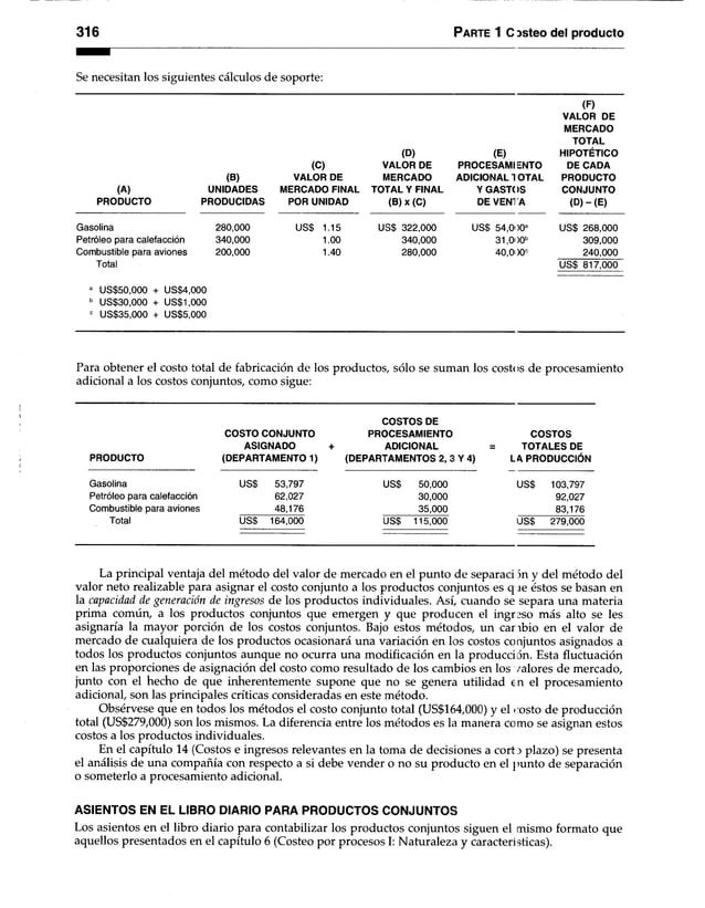 316 Parte 1 C osteo del producto
Se necesitan los siguientes cálculos de soporte:
(B)
(A) UNIDADES
PRODUCTO PRODUCIDAS
(C)
VALOR DE
MERCADO FINAL
POR UNIDAD
(D)
VALOR DE
MERCADO
TOTAL Y FINAL
(B) x (C)
(E)
PROCESAMIENTO
ADICIONAL TOTAL
Y GASTOS
DE VENTA
(F)
VALOR DE
MERCADO
TOTAL
HIPOTÉTICO
DE CADA
PRODUCTO
CONJUNTO
(D)-(E)
Gasolina 280,000 US$ 1.15 US$ 322,000 US$ 54,000a US$ 268,000
Petróleo para calefacción 340,000 1.00 340,000 31,000b 309,000
Combustible para aviones 200,000 1.40 280,000 40,000° 240,000
Total US$ 817,000
a US$50,000 + US$4,000
b US$30,000 + US$1,000
0 US$35,000 + US$5,000
Para obtener el costo total de fabricación de los productos, sólo se suman los costos de procesamiento
adicional a los costos conjuntos, como sigue:
COSTOS DE
COSTO CONJUNTO PROCESAMIENTO COSTOS
ASIGNADO + ADICIONAL = TOTALES DE
PRODUCTO (DEPARTAMENTO!) (DEPARTAMENTOS 2,3 Y 4) LA PRODUCCIÓN
Gasolina US$ 53,797 US$ 50,000 US$ 103,797
Petróleo para calefacción 62,027 30,000 92,027
Combustible para aviones 48,176 35,000 83,176
Total US$ 164,000 US$ 115,000 US$ 279,000
La principal ventaja del método del valor de mercado en el punto de separación y del método del
valor neto realizable para asignar el costo conjunto a los productos conjuntos es que éstos se basan en
la capacidad de generación de ingresos de los productos individuales. Así, cuando se separa una materia
prima común, a los productos conjuntos que emergen y que producen el ingreso más alto se les
asignaría la mayor porción de los costos conjuntos. Bajo estos métodos, un cambio en el valor de
mercado de cualquiera de los productos ocasionará una variación en los costos conjuntos asignados a
todos los productos conjuntos aunque no ocurra una modificación en la producción. Esta fluctuación
en las proporciones de asignación del costo como resultado de los cambios en los valores de mercado,
junto con el hecho de que inherentemente supone que no se genera utilidad en el procesamiento
adicional, son las principales críticas consideradas en este método.
Obsérvese que en todos los métodos el costo conjunto total (US$164,000) y el i:osto de producción
total (US$279,000) son los mismos. La diferencia entre los métodos es la manera como se asignan estos
costos a los productos individuales.
En el capítulo 14 (Costos e ingresos relevantes en la toma de decisiones a cort j plazo) se presenta
el análisis de una compañía con respecto a si debe vender o no su producto en el punto de separación
o someterlo a procesamiento adicional.
ASIENTOS EN EL LIBRO DIARIO PARA PRODUCTOS CONJUNTOS
Los asientos en el libro diario para contabilizar los productos conjuntos siguen el mismo formato que
aquellos presentados en el capítulo 6 (Costeo por procesos I: Naturaleza y características).
 