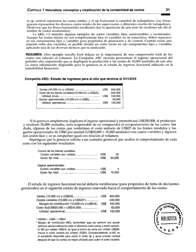 Capítulo 1 Naturaleza, conceptos y clasificación de la contabilidad de costos 21
el eje vertical representa los costos totales, y el eje horizontal la cantidad de trabajadores. Las líneas
gruesas representan los diversos costos totales de los supervisores a diferentes niveles de trabajadores.
Obsérvese que Jas líneas horizontales resultantes dan la apariencia de una serie de escalones (de ahí el
nombre de costos escalonados).
La tabla 1-2 muestra algunos ejemplos de costos variables, fijos, semivariables y escalonados.
Aunque los costos mixtos no son completamente fijos ni variables en su naturaleza, deben separarse
en sus componentes fijos y variables para propósitos de planeación y de control. Cuando existe una
relación entre dos variables, es posible dividir un costo mixto en sus componentes fijos y variables
aplicando una de las diversas técnicas que se analizarán.
RESUMEN. Otro ejemplo sencillo hará énfasis en la importancia de una comprensión total de los
costos con relación al volumen. La Compañía ABC necesita pronosticar el ingreso operacional del
próximo año, suponiendo que se dupliquen la producción y las ventas de 10,000 unidades de este año.
La única información disponible para la gerencia es el estado de ingresos funcional utilizado en la
contabilidad financiera:
Compañía ABC: Estado de ingresos para el año que termina el 31/12/XX
Ventas (10,000 c/u a US$40)........................................... US$ 400,000
Costo de los bienes vendidos(10,000 c/u a US$25).. 250,000
Utilidad bruta US$ 150,000
Gastos operacionales (10,000 c/u a U S$5)................ 50,000
Utilidad operacional ................................................. US$ 100,000
Si la gerencia simplemente duplicara el ingreso operacional y pronosticara US$200,000, al producirse
y venderse 20,000 unidades, sería responsable de no comprender el comportamiento de los costos. Sin
duda, algunos de los costos que conforman el costo unitario de US$25 de los bienes vendidos y los
gastos operacionales de US$5 por unidad (US$50,000 + 10,000 unidades) son costos variables y algunos
son costos fijos y no se comportan igual con relación al volumen.
Supóngase que la gerencia solicita a un contador gerencial que analice el comportamiento de cada
costo con los siguientes resultados:
C ostos de los bienes vendidos:
Costos variables por... unidad......................... US$ 20
Costo fijo total................................................. US$ 50,000
Gastos operacionales:
Costos variables por unidad.......................... US$ 4
Costo fijo total.................................................. US$ 10,000
El estado de ingresos funcional inicial debería reelaborarse (para propósitos de toma de decisiones
gerenciales) en el siguiente estado de ingresos orientado hacia el comportamiento de los costos:
Ventas (10,000 c/u a US$40)................................ US$ 400,000
Costos variables (10,000 c/u a US$24*)............... 240,000
Margen de contribución* (10,000 c/u a US$16).. US$ 160,000
Costo fijo(US$50,000 + US$10,000)..................... 60,000
Utilidad operacional........................................... US$ 100,000
* US$20 + US$4 = US$24
* Margen de contribución (MC), presentado aquí por primera vez, puede
definirse operacionalmente como la diferencia entre ventas y costo variable.
El MC por unidad, US$16, es igual al precio de venta por unidad, US$40,
menos el costo variable por unidad, US$24. Conceptualmente, el MC es
el excedente disponible para cubrir el costo fijo y quizá proveer utilidad
después de que las ventas se hayan utilizado para cubrir el costo variable.
 