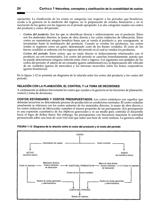 24 Capítulo 1 Naturaleza, conceptos y clasificación de la contabilidad de costos
operación). La clasificación de los costos en categorías con respecto a los periodos que benefician,
ayuda a la gerencia en la medición del ingreso, en la preparación de estados financieros y en la
asociación de los gastos con los ingresos en el periodo apropiado. Las dos categorías usadas son costos
del producto y costos del periodo:
a C ostos del producto. Son los que se identifican directa e indirectamente con el producto. Éstos
son los materiales directos, la mano de obra directa y los costos indirectos de fabricación. Estos
costos no suministran ningún beneficio hasta que se venda el producto y, por consiguiente, se
inventarían hasta la terminación del producto. Cuando se venden los productos, sus costos
totales se registran como un gasto, denominado costo de los bienes vendidos. El costo de los
bienes vendidos se enfrenta con los ingresos del periodo en el cual se venden los productos.
Cosíos del periodo. Estos costos, que no están directa ni indirectamente relacionados con el
producto, no son inventariados. Los costos del periodo se cancelan inmediatamente, puesto que
no puede determinarse ninguna relación entre costo e ingreso. Los siguientes son ejemplos de los
costos del periodo: el salario de un contador (gastos administrativos), la depreciación del vehículo
de un vendedor (gastos de mercadeo) y los intereses incurridos sobre los bonos corporativos
(gastos financieros).
En la figura 1-12 se presenta un diagrama de la relación entre los costos del producto y los costos del
periodo.
RELACIÓN CON LA PLANEACIÓN, EL CONTROL Y LA TOMA DE DECISIONES
A continuación se definen brevemente los costos que ayudan a la gerencia en las funciones de planeación,
control y toma de decisiones.
COSTOS ESTÁNDARES Y COSTOS PRESUPUESTADOS. Los costos estándares son aquellos que
deberían incurrirse en determinado proceso de producción en condiciones normales. El costeo estándar
usualmente se relaciona con los costos unitarios de los materiales directos, la mano de obra directa y
los costos indirectos de fabricación; cumplen el mismo propósito de un presupuesto. (Un presupuesto
es una expresión cuantitativa de los objetivos gerenciales y es un medio para controlar el desarrollo
hacia el logro de dichos fines). Sin embargo, los presupuestos con frecuencia muestran la actividad
pronosticada sobre una base de costo total más que sobre una base de costo unitario. La gerencia utiliza
FIGURA 1-12 Diagrama de la relación entre el costo del producto y el costo del periodo
ACTIVO
(beneficio futuro)
Costo no expirado ■
Materiales directos
Costos indirectos
de fabricación
Gastos de ventas generales .
y administrativos
COSTO
Desembolso de capital
Costos de los bienes vendidos
COSTO DEL PERIODO
i
Estado de ingresos
Gasto corriente
COSTO DEL PRODUCTO < -
GASTO
(sin beneficio futuro)
Mano de obra directa
— Costos indirectos —
de fabricación
■Costo no expirado
. Gastos de ventas generales
y administrativos
 