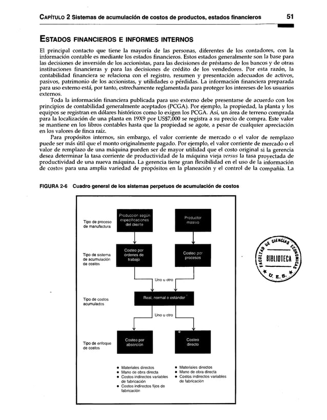 Capítulo 2 Sistemas de acumulación de costos de productos, estados financieros 51
E sta d o s f in a n c ie r o s e in f o r m e s in t e r n o s
El principal contacto que tiene la mayoría de las personas, diferentes de los contadores, con la
información contable es mediante los estados financieros. Estos estados generalmente son la base para
las decisiones de inversión de los accionistas, para las decisiones de préstamo de los bancos y de otras
instituciones financieras y para las decisiones de crédito de los vendedores. Por esta razón, la
contabilidad financiera se relaciona con el registro, resumen y presentación adecuados de activos,
pasivos, patrimonio de los accionistas, y utilidades o pérdidas. La información financiera preparada
para uso externo está, por tanto, estrechamente reglamentada para proteger los intereses de los usuarios
externos.
Toda la información financiera publicada para uso externo debe presentarse de acuerdo con los
principios de contabilidad generalmente aceptados (PCGA). Por ejemplo, la propiedad, la planta y los
equipos se registran en dólares históricos como lo exigen los PCGA. Así, un área de terreno comprada
para la localización de una planta en 19X9 por US$7,000 se registra a su precio de compra. Este valor
se mantiene en los libros contables hasta que la propiedad se agote, a pesar de cualquier apreciación
en los valores de finca raíz.
Para propósitos internos, sin embargo, el valor corriente de mercado o el valor de remplazo
puede ser más útil que el monto originalmente pagado. Por ejemplo, el valor corriente de mercado o el
valor de remplazo de una máquina pueden ser de mayor utilidad que el costo original si la gerencia
desea determinar la tasa corriente de productividad de la máquina vieja versus la tasa proyectada de
productividad de una nueva máquina. La gerencia tiene gran flexibilidad en el uso de la información
de costos para una amplia variedad de propósitos en la planeación y el control de la compañía. La
FIGURA 2-6 Cuadro general de los sistemas perpetuos de acumulación de costos
Tipo de proceso
de manufactura
Tipo de sistema
de acumulación
de costos
Producción según
especificaciones
del cliente
Costeo por
procesos
Tipo de costos
acumulados
Uno u otro
Real, normal o estándar
Uno u otro
Tipo de enfoque
de costos
Costeo por
absorción
Materiales directos
Mano de obra directa
Costos indirectos variables
de fabricación
Costos indirectos fijos de
fabricación
Materiales directos
Mano de obra directa
Costos indirectos variables
de fabricación
 