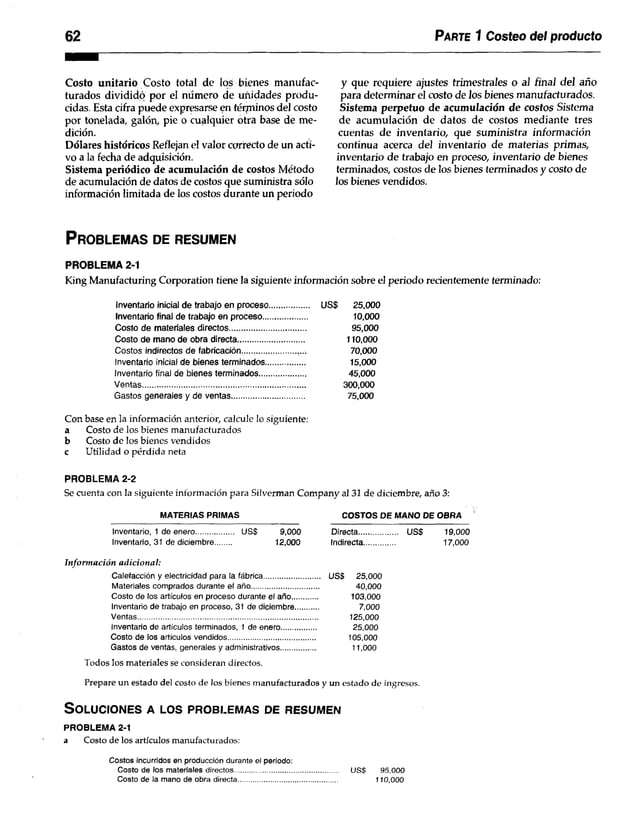 62 P arte 1 Costeo del producto
Costo unitario Costo total de los bienes manufac­
turados dividido por el número de unidades produ­
cidas. Esta cifra puede expresarse en térjninos del costo
por tonelada, galón, pie o cualquier otra base de me­
dición.
Dólares históricos Reflejan el valor correcto de un acti­
vo a la fecha de adquisición.
Sistema periódico de acumulación de costos Método
de acumulación de datos de costos que suministra sólo
información limitada de los costos durante un periodo
y que requiere ajustes trimestrales o al final del año
para determinar el costo de los bienes manufacturados.
Sistema perpetuo de acumulación de costos Sistema
de acumulación de datos de costos mediante tres
cuentas de inventario, que suministra información
continua acerca del inventario de materias primas,
inventario de trabajo en proceso, inventario de bienes
terminados, costos de los bienes terminados y costo de
los bienes vendidos.
P roblemas de resumen
PROBLEMA 2-1
K ing M anu factu ring C orporation tiene la sigu iente in form ació n sobre el p erio d o recien tem en te terminado:
Inventario inicial de trabajo en proceso.................... US$ 25,000
Inventario final de trabajo en proceso......................
Costo de materiales directos......................................
Costo de mano de obra directa.................................
Costos indirectos de fabricación...........................
Inventario inicial de bienes terminados....................
Inventario final de bienes terminados.....................
Ventas..................................................................................
Gastos generales y de ventas....................................
C on base en la inform ación anterior, calcule lo siguiente:
a Costo de los bienes m anufacturados
b Costo de los bienes vendidos
c U tilidad o pérdida neta
PROBLEMA 2-2
Se cuenta con la siguiente inform ación para Silverm an Com pany al 31 de diciem bre, año 3:
MATERIAS PRIMAS COSTOS DE MANO DE OBRA
Inventario, 1 de enero..................... US$ 9,000 Directa................... US$ 19,000
Inventario, 31 de diciembre 12,000 Indirecta................ 17,000
Información adicional:
Calefacción y electricidad para la fábrica...............
Materiales comprados durante el año.....................
Costo de los artículos en proceso durante el año.,
Inventario de trabajo en proceso, 31 de diciembre
Ventas..............................................................................
Inventario de artículos terminados, 1 de enero......
Costo de los artículos vendidos.................................
Gastos de ventas, generales y administrativos.......
Todos los materiales se consideran directos.
Prepare un estado del costo de los bienes manufacturados y un estado de ingresos.
S o l u c io n e s a lo s p r o b l e m a s d e r e s u m e n
PROBLEMA 2-1
a Costo de los artículos manufacturados:
US$ 25,000
40,000
103.000
7,000
125.000
25.000
105.000
11.000
10,000
95.000
110,000
70.000
15.000
45.000
300,000
75.000
Costos incurridos en producción durante el periodo:
Costo de los materiales directos..............................
Costo de la mano de obra directa.............................
US$ 95,000
110,000
 