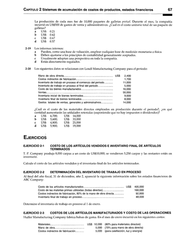 C apítulo 2 Sistemas de acumulación de costos de productos, estados financieros 67
La producción de cada mes fue de 10,000 paquetes de galletas pretzel. Durante el mes, la compañía
incurrió en US$500 de gastos de venta y administrativos. ¿Cuál es el costo unitario total de un paquete de
galletas?
a US$ 0.21
b US$ 0.62
c US$ 0.67
d US$ 0.57
2-19 Los informes internos:
a Pueden, como una base de valuación, emplear cualquier base de medición monetaria o física,
b Deben ajustarse a los principios de contabilidad generalmente aceptados,
c Usualmente adoptan una perspectiva en toda la compañía,
d Están directamente regulados.
2-20 Los siguientes datos se relacionan con Lendl Manufacturing Company para el periodo:
Mano de obra directa.............................................................................. US$ 2,400
Costos indirectos de fabricación.......................................................... 1,700
Inventario de trabajo en proceso al comienzo del periodo 11,000
Inventario de trabajo en proceso al final del periodo....................... 5,000
Costo de los bienes manufacturados.................................................. 16,000
Ventas......................................................................................................... 50,000
Inventario inicial de bienes terminados.............................................. 9,000
Inventario final de bienes terminados................................................. 8,000
Gastos totales de ventas, generales y administrativos.................. 14,000
¿Cuál es el costo de los materiales directos empleados en producción durante el periodo?, ¿en qué
cantidad aumentarán las utilidades retenidas (suponiendo que no hay impuestos o dividendos)?
a US$ 6,700; US$ 14,000
b us$ 5,600; US$ 33,000
c us$ 4,800; us$ 25,000
d us$ 5,900; us$ 19,000
EüERCIClOé
EJERCICIO 2-1 COSTO DE LOS ARTÍCULOS VENDIDOS E INVENTARIO FINAL DE ARTÍCULOS
TERMINADOS
T. P. Company produjo 8,000 carpas a un costo de US$10,000; se vendieron 5,250 carpas y las restantes están en
inventario.
Calcule el costo de los artículos vendidos y el inventario final de los artículos terminados.
EJERCICIO 2-2 DETERMINACIÓN DEL INVENTARIO DE TRABAJO EN PROCESO
Al final del año fiscal, 31 de diciembre, año 2, apareció la siguiente información sobre los estados financieros de
ABC Company:
Costo de los artículos manufacturados................................................................ US$ 405,000
Costo de las materias primas utilizadas (todas directas)................................. 160,000
Costos indirectos de fabricación, 80% de la mano de obra directa............... 92,000
Inventario final de trabajo en proceso.................................................................. 48,000
Determine el inventario de trabajo en proceso al 1 de enero.
EJERCICIO 2-3 COSTOS DE LOS ARTÍCULOS MANUFACTURADOS Y COSTO DE LAS OPERACIONES
Huffer Manufacturing Company fabrica balsas de goma. En el mes de enero incurrió en los siguientes costos:
Materiales........................................
Mano de obra................................
Costos indirectos de fabricación
US$ 10,000 (80% para materiales directos)
5.000 (70% para mano de obra directa)
5.000 (para calefacción, luz y energía)
 