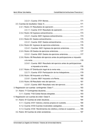 Mario Wilmar Soto Medina Contabilidad de Instituciones Financieras I
2.2.2.1. Cuenta: 5701 Bienes............................................................. 171
2.3. Cuentas de resultados: Clase: 6..................................................................... 171
2.3.1. Rubro: 61 Resultados de operación....................................................171
2.3.1.1. Cuenta: 6101 Resultado de operación...................................171
2.3.2. Rubro: 62 Ingresos extraordinarios.....................................................173
2.3.2.1. Cuenta: 6201 Ingresos extraordinarios.................................. 173
2.3.3. Rubro 63: Gastos extraordinarios....................................................... 175
2.3.3.1. Cuenta: 6301 Gastos extraordinarios.................................... 175
2.3.4. Rubro 64: Ingresos de ejercicios anteriores........................................176
2.3.4.1. Cuentas: 6401 Ingresos de ejercicio anteriores..................... 176
2.3.5. Rubro: 65 Gastos de ejercicios anteriores.......................................... 177
2.3.5.1. Cuenta: 6501 Gastos de ejercicios anteriores........................177
2.3.6. Rubro: 66 Resultado del ejercicio antes de participaciones e impuesto
a la renta............................................................................................178
2.3.6.1. Cuenta: 6601 Resultado del ejercicio antes de participaciones
e impuesto a la renta...............................................................178
2.3.7. Rubro: 67 Distribución legal de la renta neta...................................... 179
2.3.7.1. Cuenta: 6701 Participación de los trabajadores.....................179
2.3.8. Rubro: 68 Impuesto a la Renta........................................................... 180
2.3.8.1. Cuenta: 6801 Impuesto a la Renta........................................ 180
2.3.9. Rubro: 69 Resultado neto del ejercicio............................................... 181
2.3.9.1. Cuenta: 6901 Resultado neto del ejercicio.............................181
3. Registración con cuentas contingentes: Clase 7....................................................183
3.1. Rubro: 71 Contingentes deudores.................................................................. 183
3.1.1. Cuenta: 7102 Cartas fianzas otorgadas.................................................183
4. Registración con cuentas de orden: Clase 8.......................................................... 184
4.1. Rubro: 81 Cuentas de orden deudoras........................................................... 184
4.1.1. Cuenta: 8101 Valores y bienes propios en custodia........................... 184
4.1.2. Cuenta: 8103 Cuentas incobrables castigadas................................... 185
4.1.3. Cuenta: 8104 Rendimientos de créditos y rentas en suspenso.......... 186
4.2. Rubro: 84 Cuentas de orden acreedoras........................................................ 187
10
Universidad Los Ángeles de Chimbote / Sistema de Universidad Abierta
 