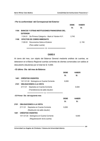 Mario Wilmar Soto Medina Contabilidad de Instituciones Financieras I
- Por la conformidad del Corresponsal del Exterior
DEBE HABER
S/. S/.
1104 BANCOS Y OTRAS INSTITUCIONES FINANCIERAS DEL
EXTERIOR
1124.01 De Primera Categoría – Bank of Nortem N.Y. 2,745
1106 EFECTOS DE COBRO INMEDIATO
1126.03 Documentos Sobre el Exterior 2, 745
(Para saldar cuenta)
----------------------------- x -----------------------------
CASO 6
Al cierre del mes, con objeto del Balance General mediante análisis de cuentas, se
detectaron en el Banco Regional cuentas corrientes de clientes comerciales con saldos al
descubierto (deudoras) por el total de S/. 6,000.
- El último Día del mes de Balance
DEBE HABER
S/. S/.
1401 CRÉDITOS VIGENTES
1411.01.04 Sobregiros en Cuenta Corriente 6,000
2101 OBLIGACIONES A LA VISTA
2111.01 Depósitos en Cuenta Corriente 6,000
(Transferencia de saldo deudor)
----------------------------- x -----------------------------
- El Primer Día del siguiente mes
DEBE HABER
S/. S/.
2101 OBLIGACIONES A LA VISTA
2111.01 Depósitos en Cuenta Corriente 6,000
(Restitución de saldo deudor)
1401 CRÉDITOS VIGENTES
1411.01.04 Sobregiros en Cuenta Corriente 6,000
(Regularización de la cuenta)
109
Universidad Los Ángeles de Chimbote / Sistema de Universidad Abierta
 