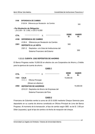 Mario Wilmar Soto Medina Contabilidad de Instituciones Financieras I
5108 DIFERENCIA DE CAMBIO
5128.04 Diferencia por Nivelación de Cambio
300
- Por Nivelación de Obligación
( S/.3.09 – S/. 3.06) x US $ 10,000
CTA. X
DEBE
S/.
HABER
S/.
4108
2301
DIFERENCIA DE CAMBIO
4128.4 Diferencia por Nivelación de Cambio
DEPÓSITO A LA VISTA
2321.2 Depósitos a la Vista de Instituciones del
Sistema Financiero del Exterior
300
300
1.2.3.2. CUENTA: 2302 DEPÓSITOS DE AHORRO
El Banco Progreso recibe 15,000.00 en efectivo de una Cooperativa de Ahorro y Crédito
para la apertura de cuenta de ahorro.
CASO 1
CTA. X
DEBE
S/.
HABER
S/.
1101
2302
CAJA
1111.1 Oficina Principal.
(Dinero en efectivo)
DEPÓSITOS DE AHORROS
2312.01 Depósitos de Ahorro de Empresas del
Sistema Financiero del País.
15,000.00
15,000.00
CASO 2
Financiera de Colombia remite la suma de US $ 8,000 mediante Cheque Gerencia para
depositarlo en su cuenta de ahorros constituida en Oficina Principal de Lima del Banco
Progreso. Al momento de la transacción, el tipo de cambio según SBS es de S/. 3.06 por
Dólar (supuesto), igual al tipo de cambio a la fecha de recepción del cheque.
127
Universidad Los Ángeles de Chimbote / Sistema de Universidad Abierta
 