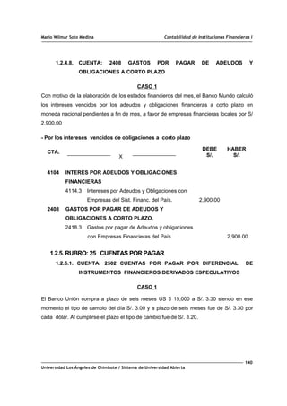 Mario Wilmar Soto Medina Contabilidad de Instituciones Financieras I
1.2.4.8. CUENTA: 2408 GASTOS POR PAGAR DE ADEUDOS Y
OBLIGACIONES A CORTO PLAZO
CASO 1
Con motivo de la elaboración de los estados financieros del mes, el Banco Mundo calculó
los intereses vencidos por los adeudos y obligaciones financieras a corto plazo en
moneda nacional pendientes a fin de mes, a favor de empresas financieras locales por S/
2,900.00
- Por los intereses vencidos de obligaciones a corto plazo
CTA.
X
DEBE
S/.
HABER
S/.
4104
2408
INTERES POR ADEUDOS Y OBLIGACIONES
FINANCIERAS
4114.3 Intereses por Adeudos y Obligaciones con
Empresas del Sist. Financ. del País.
GASTOS POR PAGAR DE ADEUDOS Y
OBLIGACIONES A CORTO PLAZO.
2418.3 Gastos por pagar de Adeudos y obligaciones
con Empresas Financieras del País.
2,900.00
2,900.00
1.2.5. RUBRO: 25 CUENTAS POR PAGAR
1.2.5.1. CUENTA: 2502 CUENTAS POR PAGAR POR DIFERENCIAL DE
INSTRUMENTOS FINANCIEROS DERIVADOS ESPECULATIVOS
CASO 1
El Banco Unión compra a plazo de seis meses US $ 15,000 a S/. 3.30 siendo en ese
momento el tipo de cambio del día S/. 3.00 y a plazo de seis meses fue de S/. 3.30 por
cada dólar. Al cumplirse el plazo el tipo de cambio fue de S/. 3.20.
140
Universidad Los Ángeles de Chimbote / Sistema de Universidad Abierta
 
