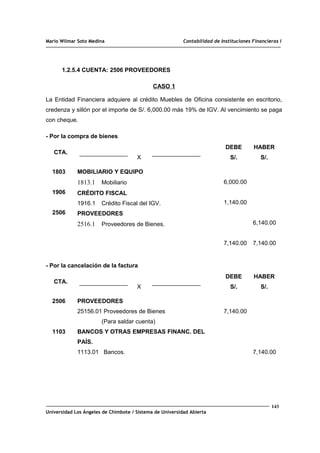 Mario Wilmar Soto Medina Contabilidad de Instituciones Financieras I
1.2.5.4 CUENTA: 2506 PROVEEDORES
CASO 1
La Entidad Financiera adquiere al crédito Muebles de Oficina consistente en escritorio,
credenza y sillón por el importe de S/. 6,000.00 más 19% de IGV. Al vencimiento se paga
con cheque.
- Por la compra de bienes
CTA.
X
DEBE
S/.
HABER
S/.
1803
1906
2506
MOBILIARIO Y EQUIPO
1813.1 Mobiliario
CRÉDITO FISCAL
1916.1 Crédito Fiscal del IGV.
PROVEEDORES
2516.1 Proveedores de Bienes.
6,000.00
1,140.00
7,140.00
6,140.00
7,140.00
- Por la cancelación de la factura
CTA.
X
DEBE
S/.
HABER
S/.
2506
1103
PROVEEDORES
25156.01 Proveedores de Bienes
(Para saldar cuenta)
BANCOS Y OTRAS EMPRESAS FINANC. DEL
PAÍS.
1113.01 Bancos.
7,140.00
7,140.00
143
Universidad Los Ángeles de Chimbote / Sistema de Universidad Abierta
 