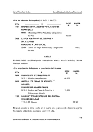 Mario Wilmar Soto Medina Contabilidad de Instituciones Financieras I
- Por los intereses devengados (1% de S/. 1, 950,000)
CTA. X DEBE
S/.
HABER
S/.
4104
2608
INTERESES POR ADEUDOS Y OBLIGACIONES
FINANCIERAS
4114.6 Intereses por Otros Adeudos y Obligaciones
del País
GASTOS POR PAGAR DE ADEUDOS Y
OBLIGACIONES
FINACIERAS A LARGO PLAZO
2618.6 Gastos por Pagar de Adeudos y Obligaciones
del País
19,500
19,500
CASO 2
El Banco Unión, cumplido el primer mes del caso anterior, amortiza adeudo y cancela
intereses vencidos.
- Por amortización de la deuda y cancelación de intereses
CTA. X
DEBE
S/.
HABER
S/.
2606
2608
1103
FINANCIEROS INTERNACIONALES
2616.1 Adeudos por préstamos
GASTOS POR PAGAR DE ADEUDOS Y
OBLIGAC.
FINANCIERAS A LARGO PLAZO
2618.6 Gastos por Pagar de Adeudos y
Obligaciones del país
BANCOS Y OTRAS EMPRESAS DEL SISTEMA
FINACIERO DEL PAÍS
1113.01.00 Bancos
40,625
19,500
60,125
Nota: Al cancelar la última cuota en el cuarto año, se procederá a liberar la garantía
hipotecaria, saldando las cuentas de orden 8105 y 82.
148
Universidad Los Ángeles de Chimbote / Sistema de Universidad Abierta
 