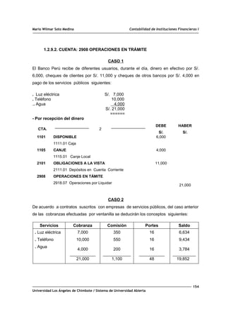 Mario Wilmar Soto Medina Contabilidad de Instituciones Financieras I
1.2.9.2. CUENTA: 2908 OPERACIONES EN TRÁMITE
CASO 1
El Banco Perú recibe de diferentes usuarios, durante el día, dinero en efectivo por S/.
6,000, cheques de clientes por S/. 11,000 y cheques de otros bancos por S/. 4,000 en
pago de los servicios públicos siguientes:
. Luz eléctrica S/. 7,000
. Teléfono 10,000
.. Agua 4,000
S/. 21,000
======
- Por recepción del dinero
CTA. 2
DEBE
S/.
HABER
S/.
1101
1105
2101
2908
DISPONIBLE
1111.01 Caja
CANJE
1115.01 Canje Local
OBLIGACIONES A LA VISTA
2111.01 Depósitos en Cuenta Corriente
OPERACIONES EN TÁMITE
2918.07 Operaciones por Liquidar
6,000
4,000
11,000
21,000
CASO 2
De acuerdo a contratos suscritos con empresas de servicios públicos, del caso anterior
de las cobranzas efectuadas por ventanilla se deducirán los conceptos siguientes:
Servicios Cobranza Comisión Portes Saldo
. Luz eléctrica
. Teléfono
. Agua
7,000
10,000
4,000
___________
21,000
350
550
200
____________
1,100
16
16
16
___________
48
6,634
9,434
3,784
__________
19,852
154
Universidad Los Ángeles de Chimbote / Sistema de Universidad Abierta
 
