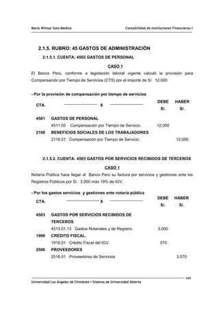 Mario Wilmar Soto Medina Contabilidad de Instituciones Financieras I
2.1.5. RUBRO: 45 GASTOS DE ADMINISTRACIÓN
2.1.5.1. CUENTA: 4502 GASTOS DE PERSONAL
CASO 1
El Banco Perú, conforme a legislación laboral vigente calculó la provisión para
Compensación por Tiempo de Servicios (CTS) por el importe de S/. 12,000
- Por la provisión de compensación por tiempo de servicios
CTA. X
DEBE
S/.
HABER
S/.
4501
2106
GASTOS DE PERSONAL
4511.05 Compensación por Tiempo de Servicio.
BENEFICIOS SOCIALES DE LOS TRABAJADORES
2116.01 Compensación por Tiempo de Servicio.
12,000
12,000
2.1.5.2. CUENTA: 4503 GASTOS POR SERVICIOS RECIBIDOS DE TERCEROS
CASO 1
Notaría Pública hace llegar al Banco Perú su factura por servicios y gestiones ante los
Registros Públicos por S/. 3,000 más 19% de IGV.
- Por los gastos servicios y gestiones ante notaría pública
CTA. X
DEBE
S/.
HABER
S/.
4503
1906
2506
GASTOS POR SERVICIOS RECIBIDOS DE
TERCEROS
4513.01.13 Gastos Notariales y de Registro.
CREDITO FISCAL.
1916.01 Crédito Fiscal del IGV.
PROVEEDORES
2516.01 Proveedores de Servicios
3,000
570
3,570
165
Universidad Los Ángeles de Chimbote / Sistema de Universidad Abierta
 