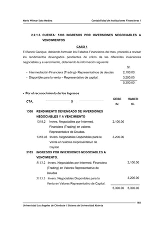 Mario Wilmar Soto Medina Contabilidad de Instituciones Financieras I
2.2.1.3. CUENTA: 5103 INGRESOS POR INVERSIONES NEGOCIABLES A
VENCIMIENTOS
CASO 1
El Banco Cacique, debiendo formular los Estados Financieros del mes, procedió a revisar
los rendimientos devengados pendientes de cobro de las diferentes inversiones
negociables y a vencimiento, obteniendo la información siguiente:
- Intermediación Financiera (Trading)- Representativos de deudas
- Disponible para la venta – Representativo de capital.
S/.
2,100.00
3,200.00
5,300.00
- Por el reconocimiento de los Ingresos
CTA. X
DEBE
S/.
HABER
S/.
1308
5103
RENDIMIENTO DEVENGADO DE INVERSIONES
NEGOCIABLES Y A VENCIMIENTO
1318.2 Invers. Negociables por Intermed.
Financiera (Trading) en valores
Representativo de Deudas.
1318.03 Invers. Negociables Disponibles para la
Venta en Valores Representativo de
Capital.
INGRESOS POR INVERSIONES NEGOCIABLES A
VENCIMIENTO.
5113.2 Invers. Negociables por Intermed. Financiera
(Trading) en Valores Representativo de
Deudas
5113.3 Invers. Negociables Disponibles para la
Venta en Valores Representativo de Capital.
2,100.00
3,200.00
5,300.00
2,100.00
3,200.00
5,300.00
168
Universidad Los Ángeles de Chimbote / Sistema de Universidad Abierta
 