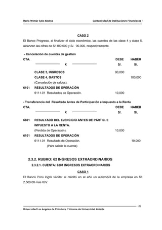 Mario Wilmar Soto Medina Contabilidad de Instituciones Financieras I
CASO 2
El Banco Progreso, al finalizar el ciclo económico, las cuentas de las clase 4 y clase 5,
alcanzan las cifras de S/.100,000 y S/. 90,000, respectivamente.
- Cancelación de cuentas de gestión
CTA.
X
DEBE
S/.
HABER
S/.
6101
CLASE 5, INGRESOS
CLASE 4, GASTOS
(Cancelación de saldos).
RESULTADOS DE OPERACIÓN
6111.01 Resultados de Operación.
90,000
10,000
100,000
- Transferencia del Resultado Antes de Participación e Impuesto a la Renta
CTA.
X
DEBE
S/.
HABER
S/.
6601
6101
RESULTADO DEL EJERCICIO ANTES DE PARTIC. E
IMPUESTO A LA RENTA.
(Perdida de Operación).
RESULTADOS DE OPERACIÓN
6111.01 Resultado de Operación.
(Para saldar la cuenta)
10,000
10,000
2.3.2. RUBRO: 62 INGRESOS EXTRAORDINARIOS
2.3.2.1. CUENTA: 6201 INGRESOS EXTRAORDINARIOS
CASO 1
El Banco Perú logró vender al crédito en el año un automóvil de la empresa en S/.
2,500.00 más IGV.
173
Universidad Los Ángeles de Chimbote / Sistema de Universidad Abierta
 