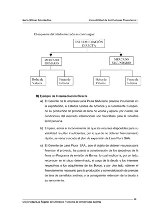 Mario Wilmar Soto Medina Contabilidad de Instituciones Financieras I
El esquema del citado mercado es como sigue:
B) Ejemplo de Intermediación Directa
a) El Gerente de la empresa Lana Piura SAA.tiene previsto incursionar en
la exportación, a Estados Unidos de América y al Continente Europeo,
de su producción de prendas de lana de vicuña y alpaca; por cuanto, las
condiciones del mercado internacional son favorables para la industria
textil peruana.
b) Empero, existe el inconveniente de que los recursos disponibles para su
viabilidad resultan insuficientes; por lo que de no obtener financiamiento
rápido, se vería truncado el plan de expansión de Lana Piura SAA.
c) El Gerente de Lana Piura SAA., con el objeto de obtener recursos para
financiar el proyecto, ha puesto a consideración de los ejecutivos de la
firma un Programa de emisión de Bonos, lo cual implicaría; por un lado,
reconocer en el plazo determinado, el pago de la deuda y los intereses
respectivos a los adquirientes de los Bonos; y por otro lado, obtener el
financiamiento necesario para la producción y comercialización de prendas
de lana de camélidos andinos; y la consiguiente redención de la deuda a
su vencimiento.
18
Universidad Los Ángeles de Chimbote / Sistema de Universidad Abierta
INTERMEDIACIÓN
DIRECTA
MERCADO
PRIMARIO
Bolsa de
Valores
MERCADO
SECUNDARIO
Fuera de
la bolsa
Bolsa de
Valores
Fuera de
la bolsa
 