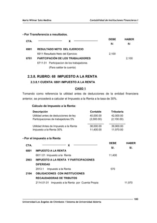 Mario Wilmar Soto Medina Contabilidad de Instituciones Financieras I
- Por Transferencia a resultados.
CTA. X
DEBE
S/.
HABER
S/.
6901
6701
RESULTADO NETO DEL EJERCICIO
6911 Resultado Neto del Ejercicio
PARTCIPACIÓN DE LOS TRABAJADORES
6711.01 Participacion de los trabajadores
(Para saldar la cuenta)
2,100
2,100
2.3.8. RUBRO: 68 IMPUESTO A LA RENTA
2.3.8.1 CUENTA: 6801 IMPUESTO A LA RENTA
CASO 1
Tomando como referencia la utilidad antes de deducciones de la entidad financiera
anterior, se procederá a calcular el Impuesto a la Renta a la tasa de 30%.
Cálculo de Impuesto a la Renta:
Descripción Contable Tributaria
Utilidad antes de deducciones de ley
Participaciones de trabajadores 5%
Utilidad Antes de Impuesto a la Renta
Impuesto a la Renta 30%
40,000.00
(2,000.00)
___________
38,000.00
11,400.00
42,000.00
(2,100.00)
___________
39,900.00
11,970.00
- Por el impuesto a la Renta
CTA. X
DEBE
S/.
HABER
S/.
6801
2903
2104
IMPUESTO A LA RENTA
6811.01 Impuesto a la Renta
IMPUESTO A LA RENTA Y PARTICIPACIONES
DIFERIDAS
2913.1 Impuesto a la Renta
OBLIGACIONES CON INSTITUCIONES
RECAUDADORAS DE TRIBUTOS
2114.01.01 Impuesto a la Renta por Cuenta Propia
11,400
570
11,970
180
Universidad Los Ángeles de Chimbote / Sistema de Universidad Abierta
 