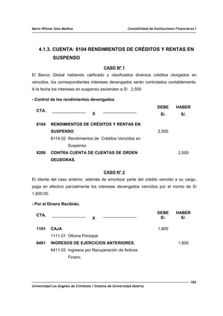 Mario Wilmar Soto Medina Contabilidad de Instituciones Financieras I
4.1.3. CUENTA: 8104 RENDIMIENTOS DE CRÉDITOS Y RENTAS EN
SUSPENSO
CASO Nº 1
El Banco Global habiendo calificado y clasificados diversos créditos otorgados en
vencidos, los correspondientes intereses devengados serán controlados contablemente.
A la fecha los intereses en suspenso ascienden a S/. 2,500
- Control de los rendimientos devengados
CTA.
X
DEBE
S/.
HABER
S/.
8104
8200
RENDIMIENTOS DE CRÉDITOS Y RENTAS EN
SUSPENSO
8114.02 Rendimientos de Créditos Vencidos en
Suspenso
CONTRA CUENTA DE CUENTAS DE ORDEN
DEUDORAS.
2,500
2,500
CASO N° 2
El cliente del caso anterior, además de amortizar parte del crédito vencido a su cargo,
paga en efectivo parcialmente los intereses devengados vencidos por el monto de S/
1,800.00.
- Por el Dinero Recibido.
CTA.
X
DEBE
S/.
HABER
S/.
1101
6401
CAJA
1111.01 Oficina Principal.
INGRESOS DE EJERCICIOS ANTERIORES.
6411.03 Ingresos por Recuperación de Activos
Financ.
1,800
1,800
186
Universidad Los Ángeles de Chimbote / Sistema de Universidad Abierta
 