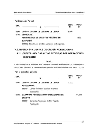 Mario Wilmar Soto Medina Contabilidad de Instituciones Financieras I
- Por Liberación Parcial
CTA.
X
DEBE
S/.
HABER
S/.
8200
8104
CONTRA CUENTA DE CUENTAS DE ORDEN
DEUDORAS.
RENDIMIENTOS DE CREDITOS Y RENTAS EN
SUSPENSO
8114.02 Rendim. de Créditos Vencidos en Suspenso.
1,800
1,800
4.2. RUBRO: 84 CUENTAS DE ORDEN ACREEDORAS
4.2.1. CUENTA: 8404 GARANTÍAS RECIBIDAS POR OPERACIONES
DE CRÉDITO
CASO 1
El Banco Regional al aprobarle a un cliente un préstamo a veinticuatro (24) meses por S/.
10,000 para consumo, el cliente cedió en garantía un automóvil valorizado en S/. 15,000
- Por el control de garantía
CTA.
X
DEBE
S/.
HABER
S/.
8301
8404
CONTRA CUENTA DE CUENTAS DE ORDEN
ACREEDORAS.
8321.01 Contra cuenta de cuentas de orden
acreedoras
GARANTÍAS RECIBIDAS POR OPERACIONES DE
CRÉDITO.
8424.01 Garantías Preferidas de Muy Rápida
Realización
14,000
14,000
187
Universidad Los Ángeles de Chimbote / Sistema de Universidad Abierta
 