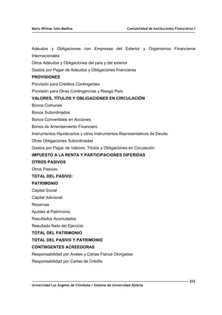 Mario Wilmar Soto Medina Contabilidad de Instituciones Financieras I
Adeudos y Obligaciones con Empresas del Exterior y Organismos Financieros
Internacionales
Otros Adeudos y Obligaciones del país y del exterior
Gastos por Pagar de Adeudos y Obligaciones financieras
PROVISIONES
Provisión para Créditos Contingentes
Provisión para Otras Contingencias y Riesgo País
VALORES, TÍTULOS Y OBLIGACIONES EN CIRCULACIÓN
Bonos Comunes
Bonos Subordinados
Bonos Convertibles en Acciones
Bonos de Arrendamiento Financiero
Instrumentos Hipotecarios y otros Instrumentos Representativos de Deuda
Otras Obligaciones Subordinadas
Gastos por Pagar de Valores, Títulos y Obligaciones en Circulación
IMPUESTO A LA RENTA Y PARTICIPACIONES DIFERIDAS
OTROS PASIVOS
Otros Pasivos
TOTAL DEL PASIVO:
PATRIMONIO
Capital Social
Capital Adicional
Reservas
Ajustes al Patrimonio
Resultados Acumulados
Resultado Neto del Ejercicio
TOTAL DEL PATRIMONIO
TOTAL DEL PASIVO Y PATRIMONIO
CONTINGENTES ACREEDORAS
Responsabilidad por Avales y Cartas Fianza Otorgadas
Responsabilidad por Cartas de Crédito
202
Universidad Los Ángeles de Chimbote / Sistema de Universidad Abierta
 