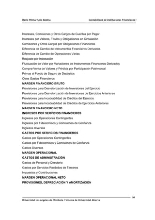 Mario Wilmar Soto Medina Contabilidad de Instituciones Financieras I
Intereses, Comisiones y Otros Cargos de Cuentas por Pagar
Intereses por Valores, Títulos y Obligaciones en Circulación
Comisiones y Otros Cargos por Obligaciones Financieras
Diferencia de Cambio de Instrumentos Financieros Derivados
Diferencia de Cambio de Operaciones Varias
Reajuste por Indexación
Fluctuación de Valor por Variaciones de Instrumentos Financieros Derivados
Compra-Venta de Valores y Pérdida por Participación Patrimonial
Primas al Fondo de Seguro de Depósitos
Otros Gastos Financieros
MARGEN FINANCIERO BRUTO
Provisiones para Desvalorización de Inversiones del Ejercicio
Provisiones para Desvalorización de Inversiones de Ejercicios Anteriores
Provisiones para Incobrabilidad de Créditos del Ejercicio
Provisiones para Incobrabilidad de Créditos de Ejercicios Anteriores
MARGEN FINANCIERO NETO
INGRESOS POR SERVICIOS FINANCIEROS
Ingresos por Operaciones Contingentes
Ingresos por Fideicomisos y Comisiones de Confianza
Ingresos Diversos
GASTOS POR SERVICIOS FINANCIEROS
Gastos por Operaciones Contingentes
Gastos por Fideicomisos y Comisiones de Confianza
Gastos Diversos
MARGEN OPERACIONAL
GASTOS DE ADMINISTRACIÓN
Gastos de Personal y Directorio
Gastos por Servicios Recibidos de Terceros
Impuestos y Contribuciones
MARGEN OPERACIONAL NETO
PROVISIONES, DEPRECIACIÓN Y AMORTIZACIÓN
205
Universidad Los Ángeles de Chimbote / Sistema de Universidad Abierta
 