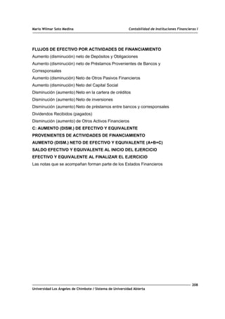 Mario Wilmar Soto Medina Contabilidad de Instituciones Financieras I
FLUJOS DE EFECTIVO POR ACTIVIDADES DE FINANCIAMIENTO
Aumento (disminución) neto de Depósitos y Obligaciones
Aumento (disminución) neto de Préstamos Provenientes de Bancos y
Corresponsales
Aumento (disminución) Neto de Otros Pasivos Financieros
Aumento (disminución) Neto del Capital Social
Disminución (aumento) Neto en la cartera de créditos
Disminución (aumento) Neto de inversiones
Disminución (aumento) Neto de préstamos entre bancos y corresponsales
Dividendos Recibidos (pagados)
Disminución (aumento) de Otros Activos Financieros
C: AUMENTO (DISM.) DE EFECTIVO Y EQUIVALENTE
PROVENIENTES DE ACTIVIDADES DE FINANCIAMIENTO
AUMENTO (DISM.) NETO DE EFECTIVO Y EQUIVALENTE (A+B+C)
SALDO EFECTIVO Y EQUIVALENTE AL INICIO DEL EJERCICIO
EFECTIVO Y EQUIVALENTE AL FINALIZAR EL EJERCICIO
Las notas que se acompañan forman parte de los Estados Financieros
208
Universidad Los Ángeles de Chimbote / Sistema de Universidad Abierta
 