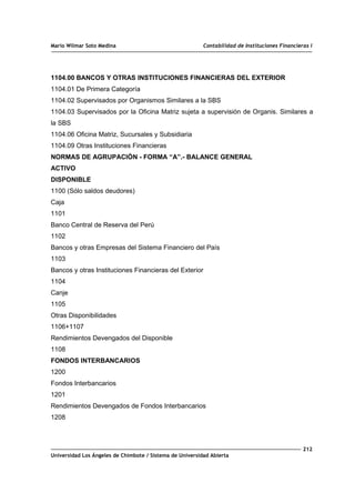 Mario Wilmar Soto Medina Contabilidad de Instituciones Financieras I
1104.00 BANCOS Y OTRAS INSTITUCIONES FINANCIERAS DEL EXTERIOR
1104.01 De Primera Categoría
1104.02 Supervisados por Organismos Similares a la SBS
1104.03 Supervisados por la Oficina Matriz sujeta a supervisión de Organis. Similares a
la SBS
1104.06 Oficina Matriz, Sucursales y Subsidiaria
1104.09 Otras Instituciones Financieras
NORMAS DE AGRUPACIÓN - FORMA “A”.- BALANCE GENERAL
ACTIVO
DISPONIBLE
1100 (Sólo saldos deudores)
Caja
1101
Banco Central de Reserva del Perú
1102
Bancos y otras Empresas del Sistema Financiero del País
1103
Bancos y otras Instituciones Financieras del Exterior
1104
Canje
1105
Otras Disponibilidades
1106+1107
Rendimientos Devengados del Disponible
1108
FONDOS INTERBANCARIOS
1200
Fondos Interbancarios
1201
Rendimientos Devengados de Fondos Interbancarios
1208
212
Universidad Los Ángeles de Chimbote / Sistema de Universidad Abierta
 
