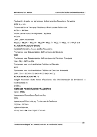 Mario Wilmar Soto Medina Contabilidad de Instituciones Financieras I
Fluctuación de Valor por Variaciones de Instrumentos Financieros Derivados
4109.16+4109.
Compra-Venta de Valores y Pérdidas por Participación Patrimonial
4109.03+ 4109.04
Primas para el Fondo de Seguro de Depósitos
4109.05
Otros Gastos Financieros
4109.02+ 4109.07+ 4109.08+ 4109.09+ 4109.10+ 4109.18+ 4109.19+4109.21 27.1
MARGEN FINANCIERO BRUTO
Ingresos Financieros menos Gastos Financieros
Provisiones para Desvalorización de Inversiones del Ejercicio
4301
Provisiones para Desvalorización de Inversiones de Ejercicios Anteriores
(6501.02.01-6401.04.01)
Provisiones para Incobrabilidad de Créditos del Ejercicio
4302
Provisiones para Incobrabilidad de Créditos de Ejercicios Anteriores
(6501.02.02+ 6501.02.03- 6401.04.02- 6401.04.03)
MARGEN FINANCIERO NETO
Margen Financiero Bruto menos Provisiones para Desvalorización de Inversiones e
Incobrabilidad de
Créditos
INGRESOS POR SERVICIOS FINANCIEROS
(5200+ 5700)
Ingresos por Operaciones Contingentes
5201
Ingresos por Fideicomisos y Comisiones de Confianza
5202.04+ 5202.05
Ingresos Diversos
5202-( 5202.04+ 5202.05)+ 5203+5700
223
Universidad Los Ángeles de Chimbote / Sistema de Universidad Abierta
 