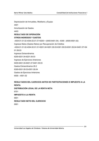 Mario Wilmar Soto Medina Contabilidad de Instituciones Financieras I
Depreciación de Inmuebles, Mobiliario y Equipo
4401
Amortización de Gastos
4403
RESULTADO DE OPERACIÓN
OTROS INGRESOS Y GASTOS
-4304.01.01.02-4304.02.01.01+6200 + (6400-6401.04) - 6300 - (6500-6501.02)
Ingresos Netos (Gastos Netos) por Recuperación de Créditos
-4304.01.01.02-4304.02.01.01+6201.04+6201.09.03-6301.09.03-6301.09.04+6401.07+64
01.09.03
Ingresos Extraordinarios
6200-6201.04-6201.09.03
Ingresos de Ejercicios Anteriores
6400-6401.04-6401.07-6401.09.03
Gastos Extraordinarios 28.2
6300-6301.09.03-6301.09.04
Gastos de Ejercicios Anteriores
6500 – 6501.02
RESULTADOS DEL EJERCICIO ANTES DE PARTICIPACIONES E IMPUESTO A LA
RENTA
DISTRIBUCIÓN LEGAL DE LA RENTA NETA
6701
IMPUESTO A LA RENTA
6801
RESULTADO NETO DEL EJERCICIO
6901
225
Universidad Los Ángeles de Chimbote / Sistema de Universidad Abierta
 