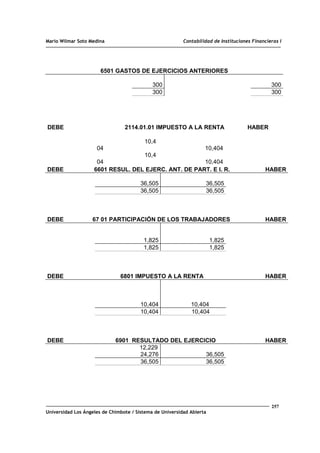 Mario Wilmar Soto Medina Contabilidad de Instituciones Financieras I
6501 GASTOS DE EJERCICIOS ANTERIORES
300 300
300 300
DEBE 2114.01.01 IMPUESTO A LA RENTA HABER
10,4
04 10,404
10,4
04 10,404
DEBE 6601 RESUL. DEL EJERC. ANT. DE PART. E I. R. HABER
36,505 36,505
36,505 36,505
DEBE 67 01 PARTICIPACIÓN DE LOS TRABAJADORES HABER
1,825 1,825
1,825 1,825
DEBE 6801 IMPUESTO A LA RENTA HABER
10,404 10,404
10,404 10,404
DEBE 6901 RESULTADO DEL EJERCICIO HABER
12,229
24,276 36,505
36,505 36,505
257
Universidad Los Ángeles de Chimbote / Sistema de Universidad Abierta
 