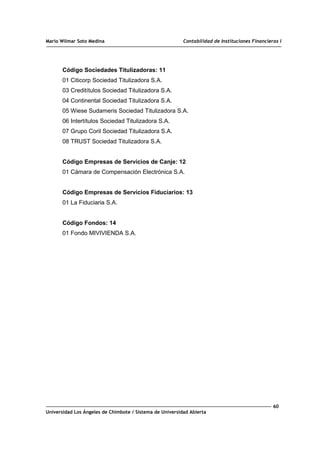 Mario Wilmar Soto Medina Contabilidad de Instituciones Financieras I
Código Sociedades Titulizadoras: 11
01 Citicorp Sociedad Titulizadora S.A.
03 Creditítulos Sociedad Titulizadora S.A.
04 Continental Sociedad Titulizadora S.A.
05 Wiese Sudameris Sociedad Titulizadora S.A.
06 Intertítulos Sociedad Titulizadora S.A.
07 Grupo Coril Sociedad Titulizadora S.A.
08 TRUST Sociedad Titulizadora S.A.
Código Empresas de Servicios de Canje: 12
01 Cámara de Compensación Electrónica S.A.
Código Empresas de Servicios Fiduciarios: 13
01 La Fiduciaria S.A.
Código Fondos: 14
01 Fondo MIVIVIENDA S.A.
60
Universidad Los Ángeles de Chimbote / Sistema de Universidad Abierta
 