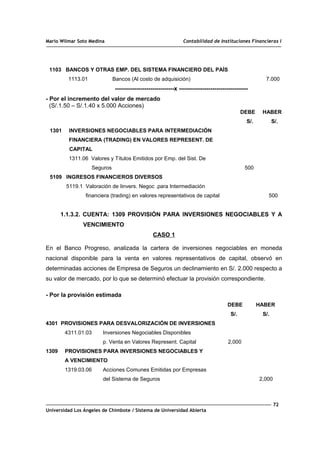 Mario Wilmar Soto Medina Contabilidad de Instituciones Financieras I
1103 BANCOS Y OTRAS EMP. DEL SISTEMA FINANCIERO DEL PAÍS
1113.01 Bancos (Al costo de adquisición) 7.000
------------------------------x -----------------------------------
- Por el incremento del valor de mercado
(S/.1.50 – S/.1.40 x 5.000 Acciones)
DEBE HABER
S/. S/.
1301 INVERSIONES NEGOCIABLES PARA INTERMEDIACIÓN
FINANCIERA (TRADING) EN VALORES REPRESENT. DE
CAPITAL
1311.06 Valores y Títulos Emitidos por Emp. del Sist. De
Seguros 500
5109 INGRESOS FINANCIEROS DIVERSOS
5119.1 Valoración de Iinvers. Negoc .para Intermediación
financiera (trading) en valores representativos de capital 500
1.1.3.2. CUENTA: 1309 PROVISIÓN PARA INVERSIONES NEGOCIABLES Y A
VENCIMIENTO
CASO 1
En el Banco Progreso, analizada la cartera de inversiones negociables en moneda
nacional disponible para la venta en valores representativos de capital, observó en
determinadas acciones de Empresa de Seguros un declinamiento en S/. 2.000 respecto a
su valor de mercado, por lo que se determinó efectuar la provisión correspondiente.
- Por la provisión estimada
DEBE HABER
S/. S/.
4301 PROVISIONES PARA DESVALORIZACIÓN DE INVERSIONES
4311.01.03 Inversiones Negociables Disponibles
p. Venta en Valores Represent. Capital 2,000
1309 PROVISIONES PARA INVERSIONES NEGOCIABLES Y
A VENCIMIENTO
1319.03.06 Acciones Comunes Emitidas por Empresas
del Sistema de Seguros 2,000
72
Universidad Los Ángeles de Chimbote / Sistema de Universidad Abierta
 
