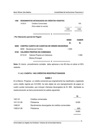 Mario Wilmar Soto Medina Contabilidad de Instituciones Financieras I
1408 RENDIMIENTOS DEVENGADOS DE CRÉDITOS VIGENTES
1418.01 Créditos Comerciales 150
(Para saldar la cuenta)
1.650 1.650
======== ========
----------------------------- x -----------------------------
- Por liberación parcial de Pagaré
DEBE HABER
S/. S/.
8200 CONTRA CUENTA DE CUENTAS DE ORDEN DEUDORAS
8200 Deudoras por Contra 1.500
8102 VALORES PROPIOS EN COBRANZA
8112.01 Valores Propios en Cobranza 1.500
Oficina Principal
----------------------------- x -----------------------------
Nota: El mismo procedimiento contable debe aplicarse a los 60 días al cobrar el 50%
restante.
1.1.4.2. CUENTA: 1403 CRÉDITOS REESTRUCTURADOS
CASO 1
En el Banco Progreso un crédito comercial que originalmente fue clasificado y registrado
como crédito vigente por S/.8.000, ha sido objeto de una reprogramación de pagos en
cuatro cuotas mensuales, que incluyen intereses devengados de S/. 800. Aprobada su
reestructuración se tiene previamente los saldos siguientes:
S/.
1401.01 Créditos comerciales
1411.01.06 Préstamos 8.000
1408.01 Rendimientos devengados de créditos comerciales
1408.01.06 Préstamos 800
8.800
=======
75
Universidad Los Ángeles de Chimbote / Sistema de Universidad Abierta
 