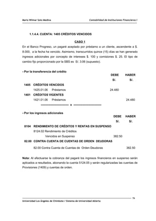 Mario Wilmar Soto Medina Contabilidad de Instituciones Financieras I
1.1.4.4. CUENTA: 1405 CRÉDITOS VENCIDOS
CASO 1
En el Banco Progreso, un pagaré aceptado por préstamo a un cliente, ascendente a $.
8.000, a la fecha ha vencido. Asimismo, transcurridos quince (15) días se han generado
ingresos adicionales por concepto de intereses $. 100 y comisiones $. 25. El tipo de
cambio fijo proporcionado por la SBS es S/. 3.06 (supuesto).
- Por la transferencia del crédito
DEBE HABER
S/. S/.
1405 CRÉDITOS VENCIDOS
1425.01.06 Préstamos 24.480
1401 CRÉDITOS VIGENTES
1421.01.06 Préstamos 24.480
----------------------------- x -----------------------------
- Por los ingresos adicionales
DEBE HABER
S/. S/.
8104 RENDIMIENTO DE CRÉDITOS Y RENTAS EN SUSPENSO
8124.02 Rendimiento de Créditos
Vencidos en Suspenso 382.50
82.00 CONTRA CUENTA DE CUENTAS DE ORDEN DEUDORAS
82.00 Contra Cuenta de Cuentas de Orden Deudoras 382.50
Nota: Al efectuarse la cobranza del pagaré los ingresos financieros en suspenso serán
aplicados a resultados, abonando la cuenta 5124.05 y serán regularizadas las cuentas de
Provisiones (1409) y cuentas de orden.
79
Universidad Los Ángeles de Chimbote / Sistema de Universidad Abierta
 