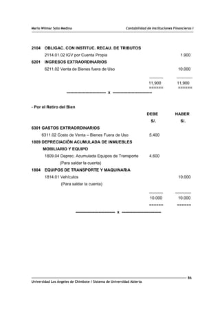 Mario Wilmar Soto Medina Contabilidad de Instituciones Financieras I
2104 OBLIGAC. CON INSTITUC. RECAU. DE TRIBUTOS
2114.01.02 IGV por Cuenta Propia 1.900
6201 INGRESOS EXTRAORDINARIOS
6211.02 Venta de Bienes fuera de Uso 10.000
______ _______
11,900 11,900
====== ======
----------------------------- x -----------------------------
- Por el Retiro del Bien
DEBE HABER
S/. S/.
6301 GASTOS EXTRAORDINARIOS
6311.02 Costo de Venta – Bienes Fuera de Uso 5.400
1809 DEPRECIACIÓN ACUMULADA DE INMUEBLES
MOBILIARIO Y EQUIPO
1809.04 Deprec. Acumulada Equipos de Transporte 4.600
(Para saldar la cuenta)
1804 EQUIPOS DE TRANSPORTE Y MAQUINARIA
1814.01 Vehículos 10.000
(Para saldar la cuenta)
______ _______
10.000 10.000
====== ======
----------------------------- x -----------------------------
86
Universidad Los Ángeles de Chimbote / Sistema de Universidad Abierta
 