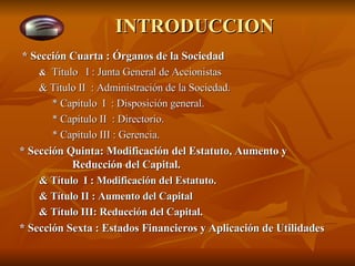 INTRODUCCION * Sección Cuarta : Órganos de la Sociedad &   Título  I : Junta General de Accionistas & Título II  : Administración de la Sociedad.   * Capítulo  I  : Disposición general.   * Capítulo II  : Directorio.   * Capítulo III : Gerencia.   * Sección Quinta: Modificación del Estatuto, Aumento y    Reducción del Capital. & Título  I : Modificación del Estatuto. & Título II : Aumento del Capital & Título III: Reducción del Capital.   * Sección Sexta : Estados Financieros y Aplicación de Utilidades 