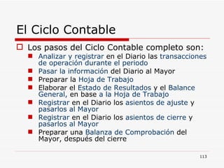 El Ciclo Contable Los pasos del Ciclo Contable completo son: Analizar y registrar  en el Diario las  transacciones de operación durante el periodo Pasar la información  del Diario al Mayor Preparar la  Hoja de Trabajo Elaborar el  Estado de Resultados  y el  Balance General,  en base  a la Hoja de Trabajo Registrar  en el Diario los  asientos de ajuste  y  pasarlos al Mayor Registrar  en el Diario los  asientos de cierre  y  pasarlos al Mayor Preparar una  Balanza de Comprobación  del Mayor, después del cierre 