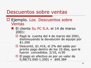 Descuentos sobre ventas Ejemplo.  Los  Descuentos sobre Ventas El cliente  Su PC S.A.  el 14 de marzo 2001: Pagó la  cuenta del 4 de marzo del 2001,  disminuyendo la devolución de equipo por $1.200  Descontó, $1.416, el 2% del saldo por pronto pago dentro de los 10 días, que le fueron  concedidos. 2/10, n/30 El pago en efectivo es por un valor de 0,98(72.000-1.200) =  $69.384 
