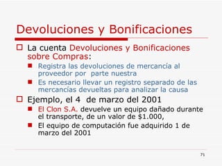 Devoluciones y Bonificaciones   La cuenta  Devoluciones y Bonificaciones sobre Compras : Registra las devoluciones de mercancía al proveedor por  parte nuestra  Es necesario llevar un registro separado de las  mercancías   devueltas para analizar la causa Ejemplo, el 4  de marzo del 2001 El Clon S.A.  devuelve un equipo dañado durante el transporte, de un valor de $1.000,  El equipo de computación fue adquirido 1 de marzo del 2001  
