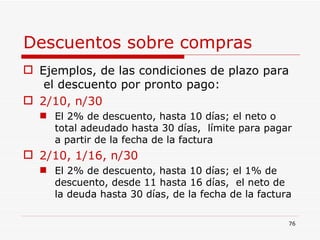 Descuentos sobre compras   Ejemplos, de las condiciones de plazo para  el descuento por pronto pago: 2/10, n/30 El 2% de descuento, hasta 10 días; el neto o total adeudado hasta 30 días,  límite para pagar a partir de la fecha de la factura 2/10, 1/16, n/30 El 2% de descuento, hasta 10 días; el 1% de descuento, desde 11 hasta 16 días,  el neto de la deuda hasta 30 días, de la fecha de la factura 