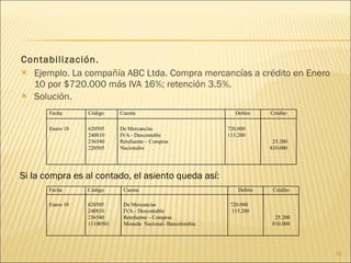 Contabilización. Ejemplo. La compañía ABC Ltda. Compra mercancías a crédito en Enero 10 por $720.000 más IVA 16%; retención 3.5%. Solución. Si la compra es al contado, el asiento queda así: Fecha Código Cuenta Debito Crédito Enero 10 620505 240810 236540 11100501 De Mercancías  IVA - Descontable Retefuente – Compras Moneda  Nacional- Bancolombia 720.000 115.200 25.200 810.000 Fecha Código Cuenta Debito Crédito Enero 10 620505 240810 236540 220505 De Mercancías  IVA - Descontable Retefuente – Compras Nacionales 720.000 115.200 25.200 810.000 