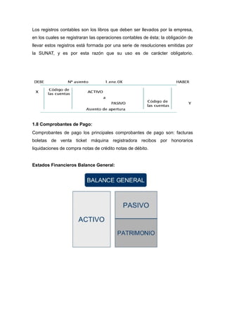 Los registros contables son los libros que deben ser llevados por la empresa,
en los cuales se registraran las operaciones contables de ésta; la obligación de
llevar estos registros está formada por una serie de resoluciones emitidas por
la SUNAT, y es por esta razón que su uso es de carácter obligatorio.




1.8 Comprobantes de Pago:
Comprobantes de pago los principales comprobantes de pago son: facturas
boletas de venta ticket máquina registradora recibos por honorarios
liquidaciones de compra notas de crédito notas de débito.


Estados Financieros Balance General:
 