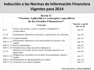 Inducción a las Normas de Información Financiera
Vigentes para 2014
CPC WALTER R. LÓPEZ RAMÍREZ
Concepto
Vigente a partir
del 1o de
C-9
Pasivo, provisiones, activos y pasivos contingentes y
compromisos
ene-03
C-10 Instrumentos financieros derivados y operaciones de cobertura ene-05
NIF C-11 Capital contable ene-14
NIF C-12
Instrumentos financieros con características de pasivo y de
capital
ene-14
NIF C-13 Partes relacionadas ene-07
NIF C-14 Transferencia y baja de activos financieros ene-14
C-15
Deterioro en el valor de los activos de larga duración y su
disposición
ene-04
NIF C-18
Obligaciones asociadas con el retiro de propiedades, planta y
equipo
ene-11
NIF C-20 Instrumentos de financiamiento por cobrar ene-16
NIF C-21 Acuerdos con control conjunto ene-13
Serie C
"Normas Aplicables a conceptos especificos
de los Estados Financieros"
 