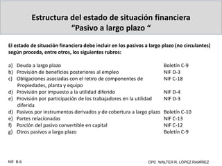 Estructura del estado de situación financiera
“Pasivo a largo plazo “
CPC WALTER R. LÓPEZ RAMÍREZ
NIF B-6
El estado de situación financiera debe incluir en los pasivos a largo plazo (no circulantes)
según proceda, entre otros, los siguientes rubros:
a) Deuda a largo plazo Boletín C-9
b) Provisión de beneficios posteriores al empleo NIF D-3
c) Obligaciones asociadas con el retiro de componentes de NIF C-18
Propiedades, planta y equipo
d) Provisión por impuesto a la utilidad diferido NIF D-4
e) Provisión por participación de los trabajadores en la utilidad NIF D-3
diferida
d) Pasivos por instrumentos derivados y de cobertura a largo plazo Boletín C-10
e) Partes relacionadas NIF C-13
f) Porción del pasivo convertible en capital NIF C-12
g) Otros pasivos a largo plazo Boletín C-9
 