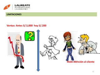 LIMITACIONES
Ventas: Antes S/.5,000 hoy S/.200
Mala atención al cliente
11
 