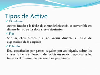 Tipos de Activo
 Circulante
Activo líquido a la fecha de cierre del ejercicio, o convertible en
dinero dentro de los doce meses siguientes.
 Fijo
Son aquellos bienes que no varían durante el ciclo de
explotación de la empresa
 Diferido
Está constituido por gastos pagados por anticipado, sobre los
cuales se tiene el derecho de recibir un servicio aprovechable,
tanto en el mismo ejercicio como en posteriores.
 