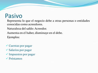 Pasivo
Representa lo que el negocio debe a otras personas o entidades
conocidas como acreedores.
Naturaleza del saldo: Acreedor.
Aumenta en el haber, disminuye en el debe.
Ejemplos:
 Cuentas por pagar
 Salarios por pagar
 Impuestos por pagar
 Préstamos
 