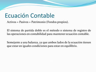 Ecuación Contable
Activos = Pasivos + Patrimonio (Fondos propios).
El sistema de partida doble es el método o sistema de registro de
las operaciones en contabilidad para mantener ecuación contable.
Semejante a una balanza, ya que ambos lados de la ecuación tienen
que estar en iguales condiciones para estar en equilibrio.
 