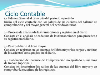 Ciclo Contable
1.- Balance General al principio del período reportado
Inicio del ciclo contable con los saldos de las cuentas del balance de
comprobación y del mayor general del período anterior.
2.- Proceso de análisis de las transacciones y registro en el diario
Consiste en el análisis de cada una de las transacciones para proceder a
su registro en el diario.
3.- Pase del diario al libro mayor
Consiste en registrar en las cuentas del libro mayor los cargos y créditos
de los asientos consignados en el diario.
4.- Elaboración del Balance de Comprobación no ajustado o una hoja
de trabajo (opcional)
Consiste en determinar los saldos de las cuentas del libro mayor y en
comprobar la exactitud de los registros.
 